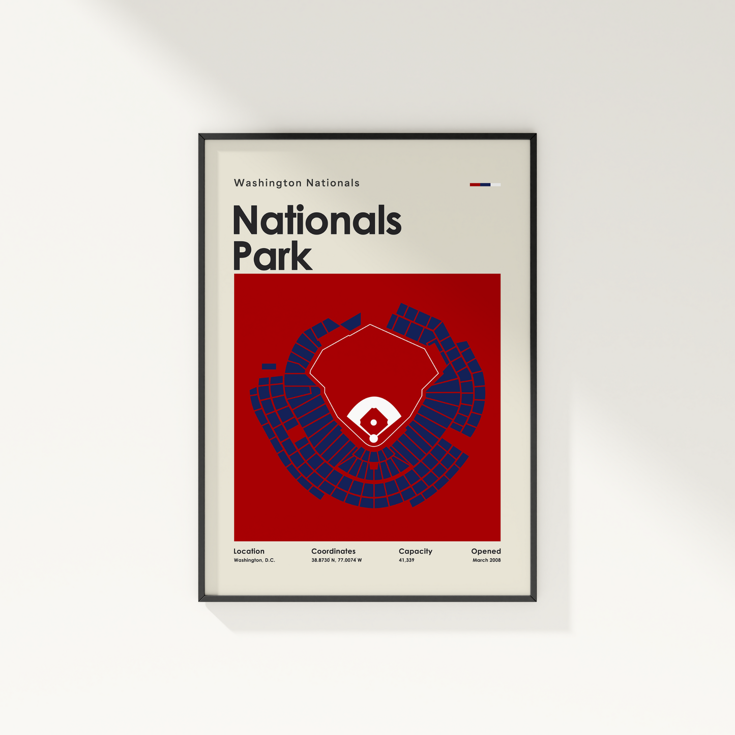 Framed poster of Washington Nationals Nationals Park with red and blue design on a white background