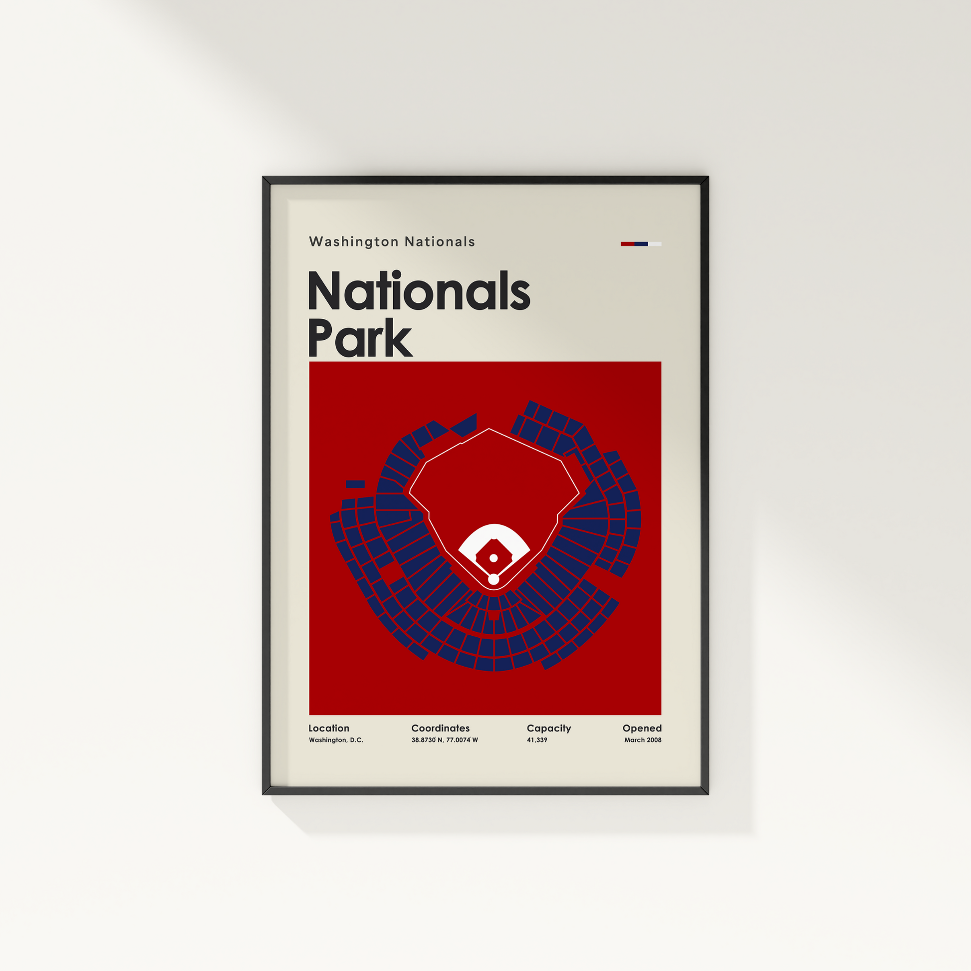 Framed poster of Washington Nationals Nationals Park with red and blue design on a white background