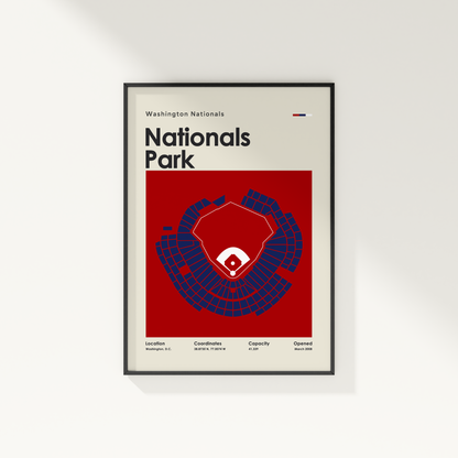 Framed poster of Washington Nationals Nationals Park with red and blue design on a white background