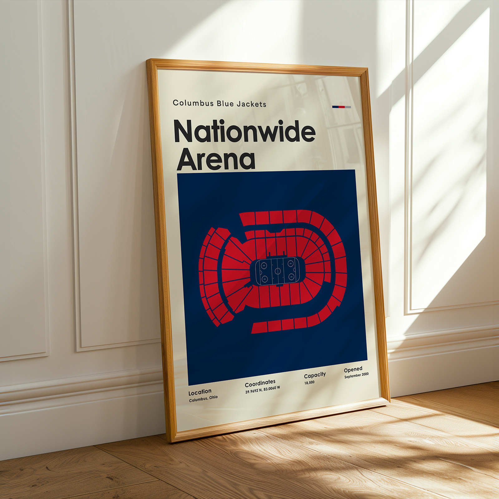 Framed poster of Nationwide Arena with Columbus Blue Jackets branding on a wooden floor.