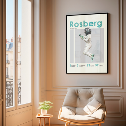 framed poster mockup of formula 1 driver nico rosberg hanging in a living room