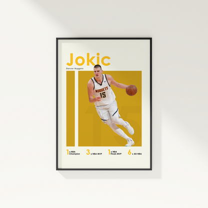 framed poster mockup of basketball player nikola jokic hanging on a white wall