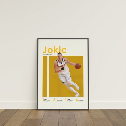 framed poster mockup of basketball player nikola jokic leaning on a white wall