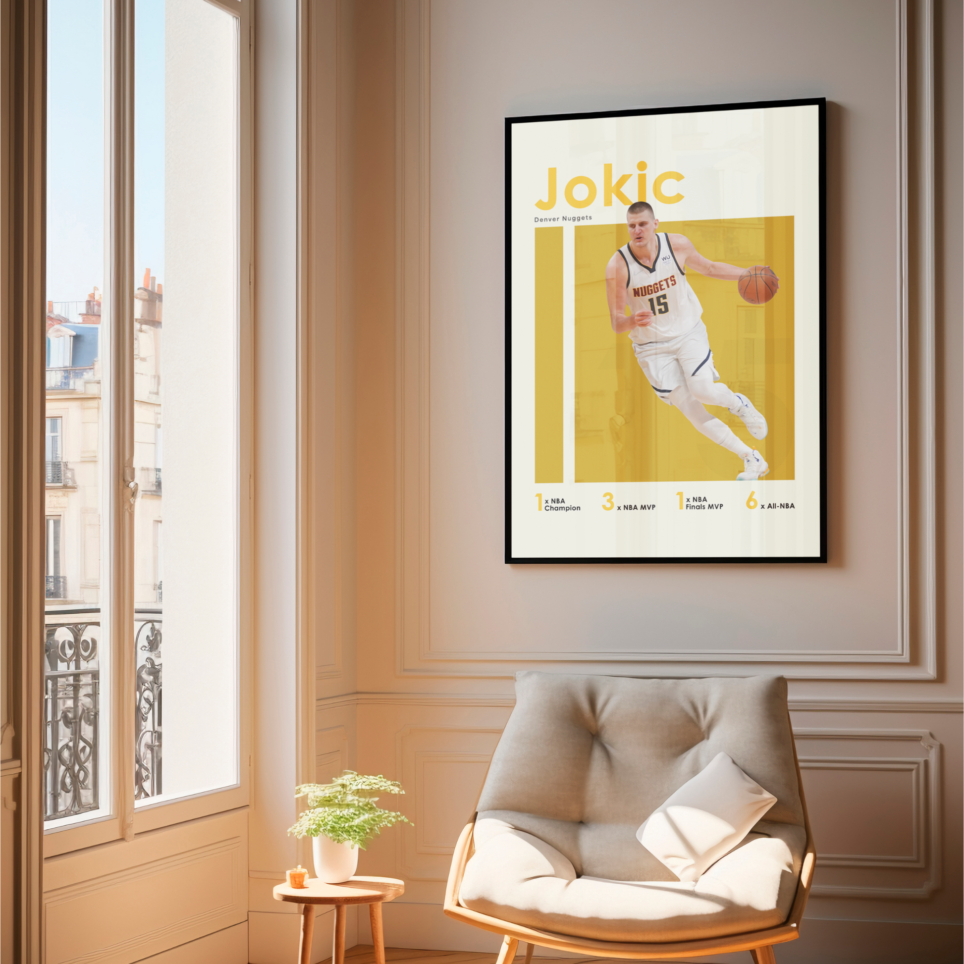 framed poster mockup of basketball player nikola jokic hanging in a living room