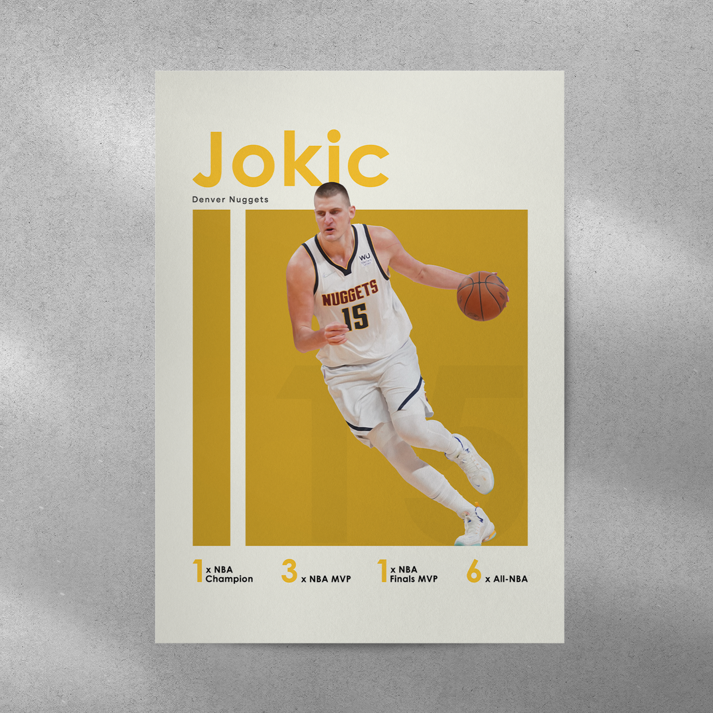 poster mockup of basketball player nikola jokic on a grey wall