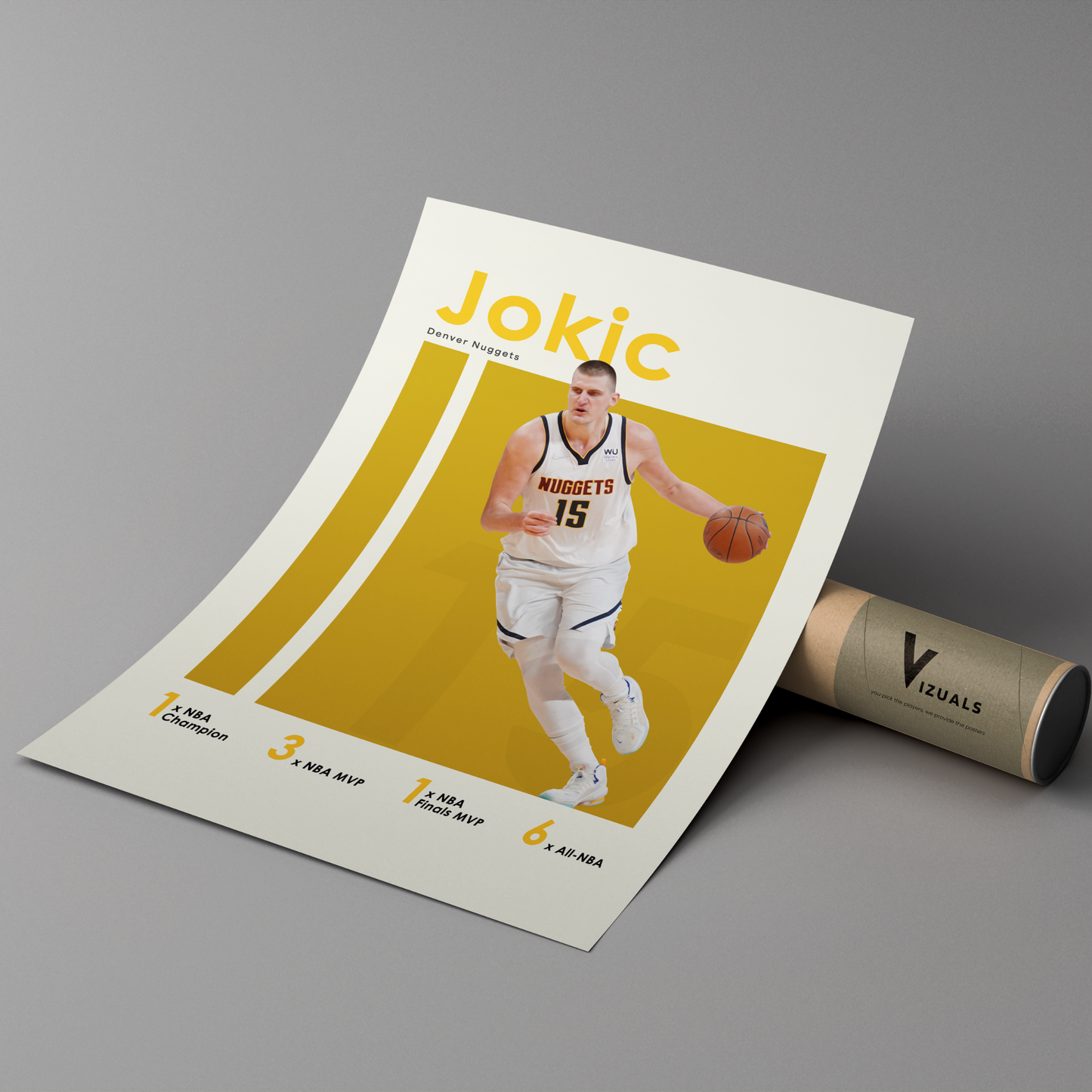 poster mockup of basketball player nikola jokic leaning on a cardboard tube