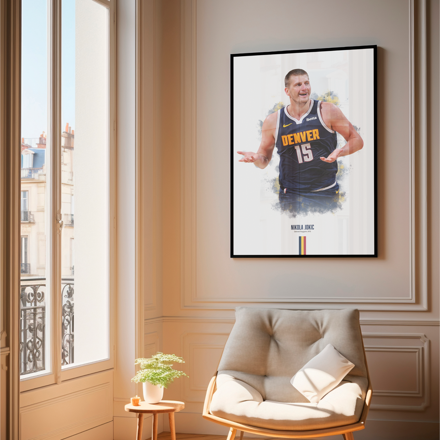 framed poster mockup of basketball player nikola jokic hanging in a living room