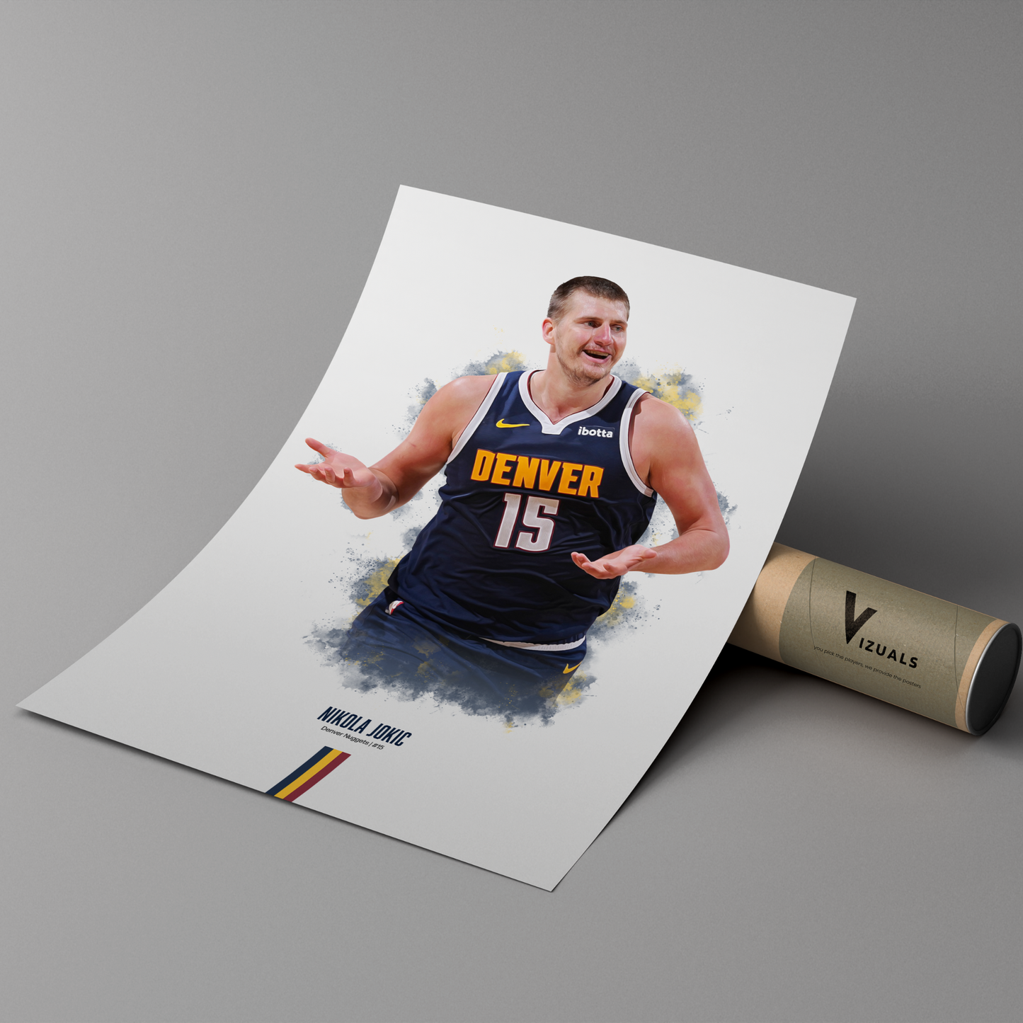 poster mockup of basketball player nikola jokic leaning on a cardboard tube