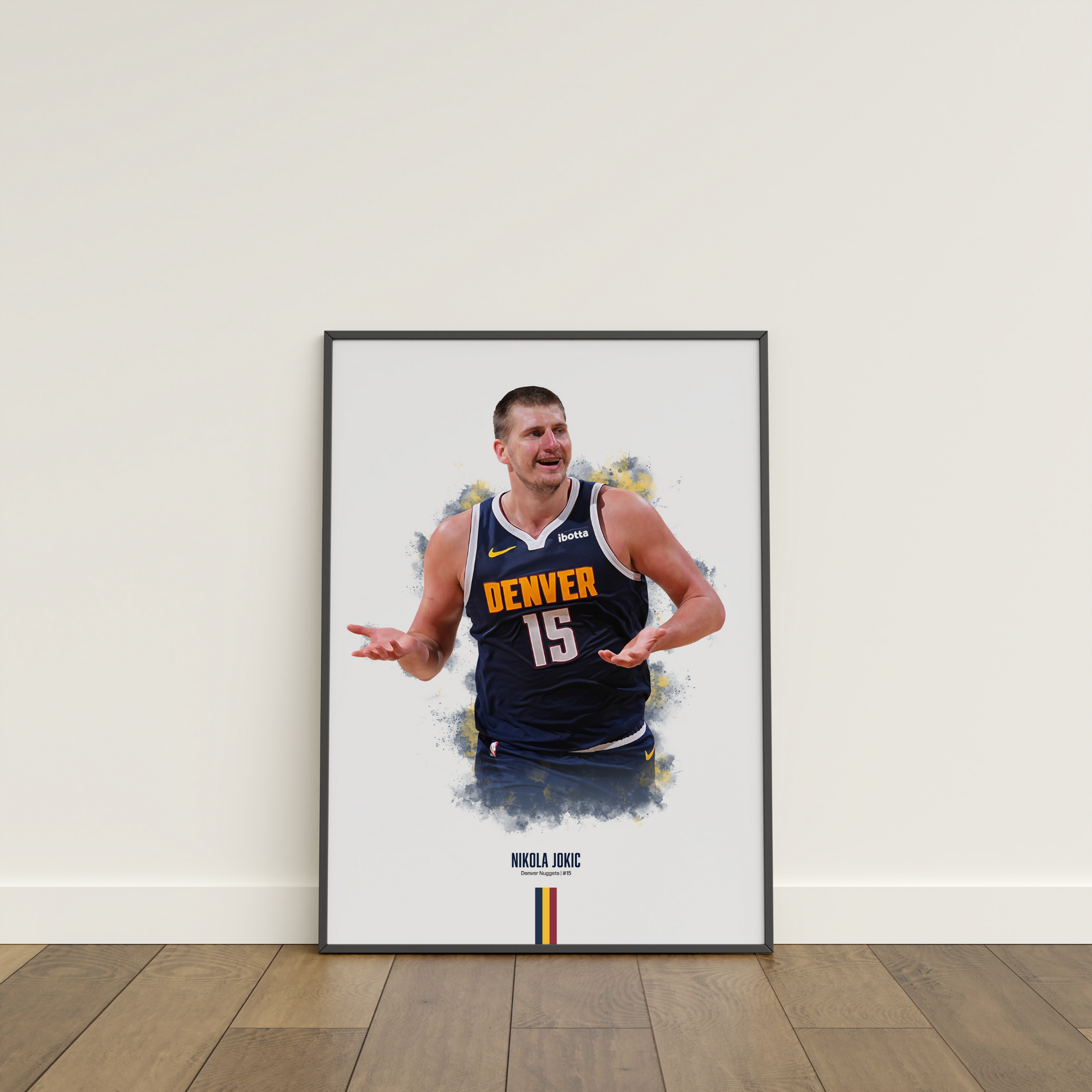 framed poster mockup of basketball player nikola jokic leaning on a white wall