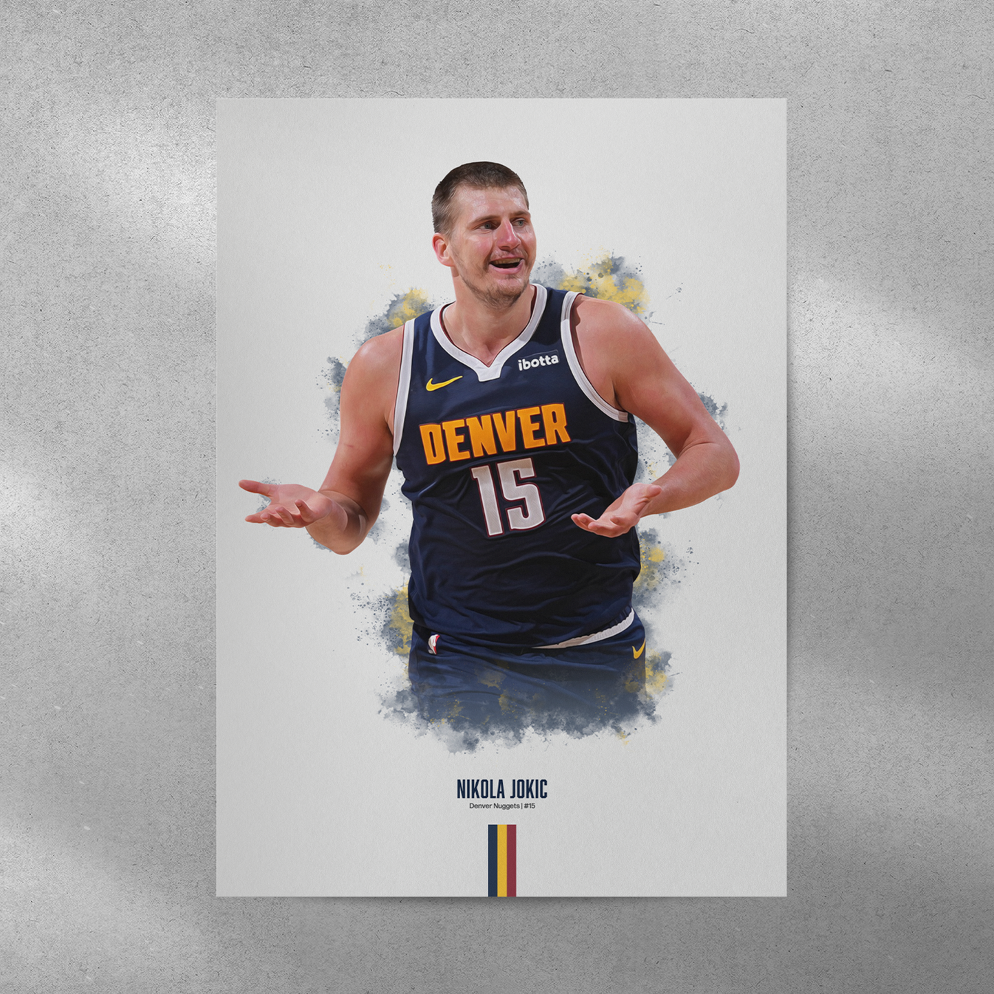 poster mockup of basketball player nikola jokic on a grey wall