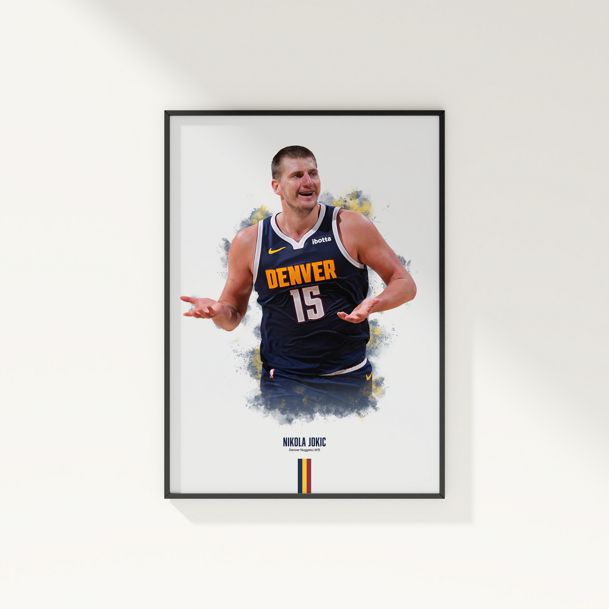 framed poster mockup of basketball player nikola jokic hanging on a white wall