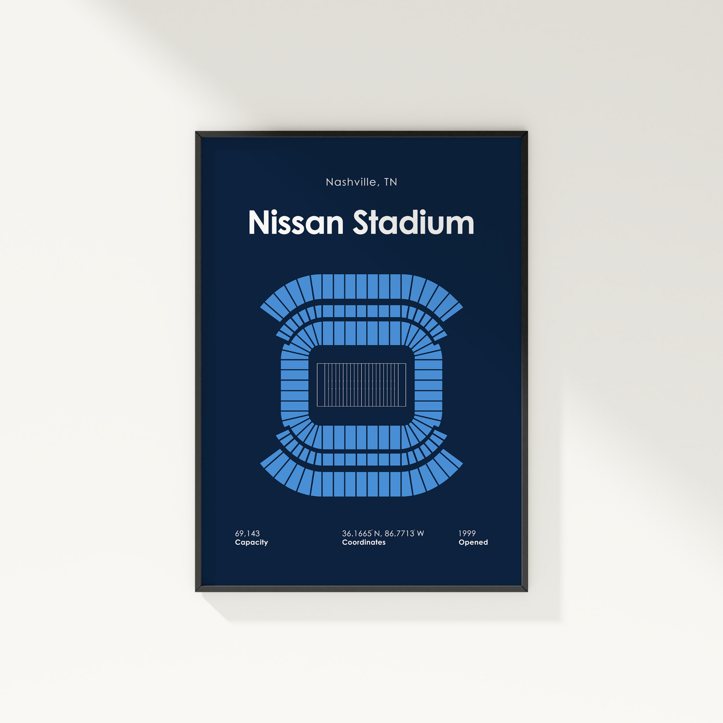Framed poster of Nissan Stadium with blue seating layout on a dark blue background