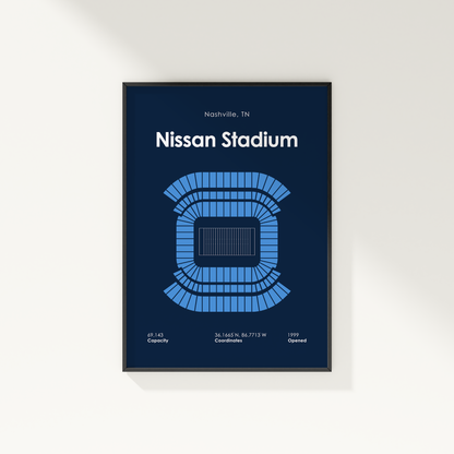 Framed poster of Nissan Stadium with blue seating layout on a dark blue background