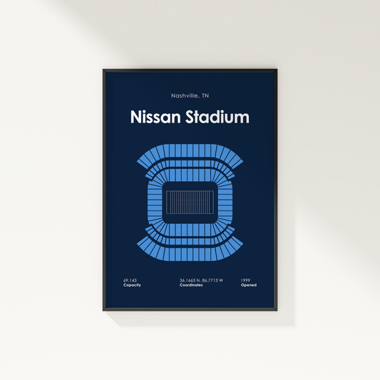 Framed poster of Nissan Stadium with blue seating layout on a dark blue background