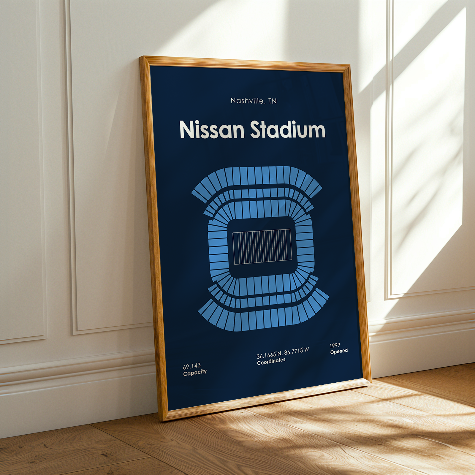 Framed poster of Nissan Stadium in Nashville, TN on a wall.