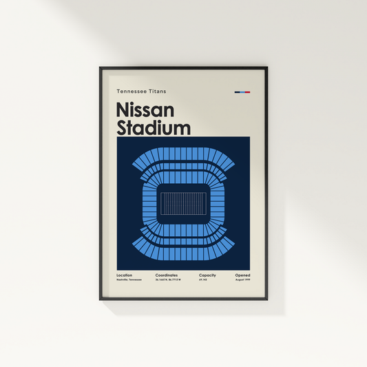 Framed poster of Nissan Stadium with seating chart and text on a white wall.