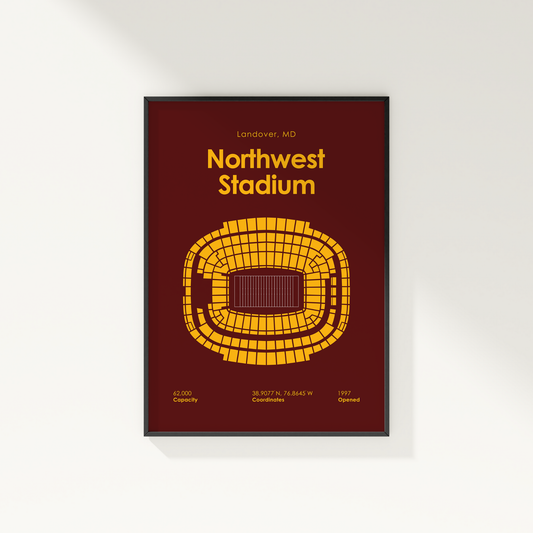 Framed poster of Northwest Stadium layout with maroon background and yellow design.