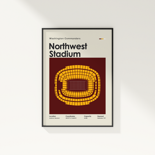 Framed poster of Northwest Stadium with Washington Commanders text on a white background