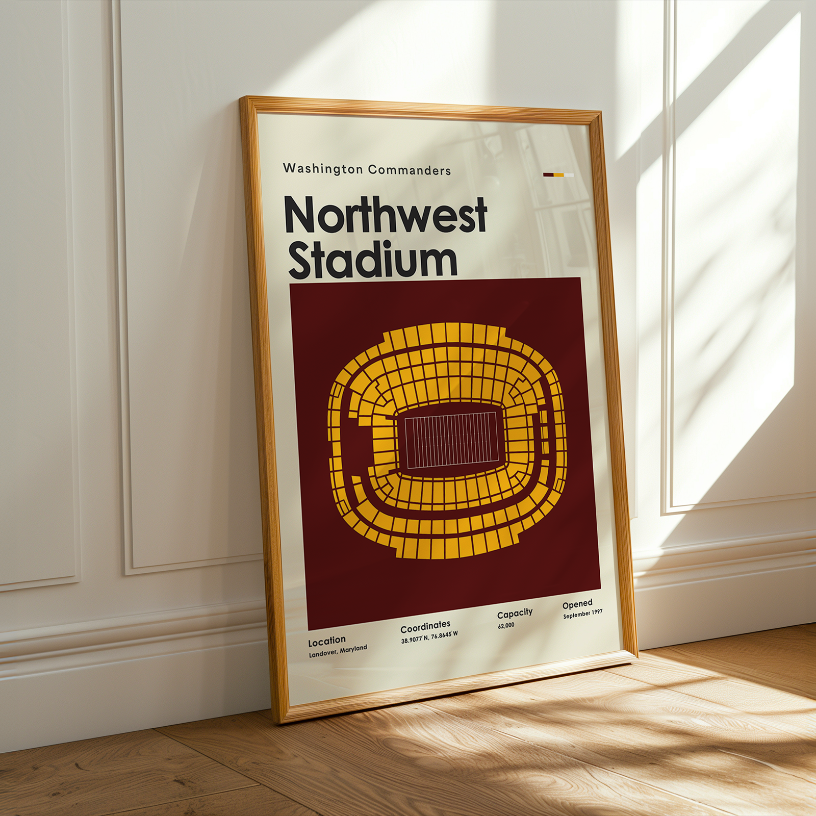 Framed poster of Northwest Stadium with Washington Commanders branding on a wooden floor.