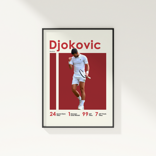 framed poster mockup of tennis player novak djokovic hanging on a white wall