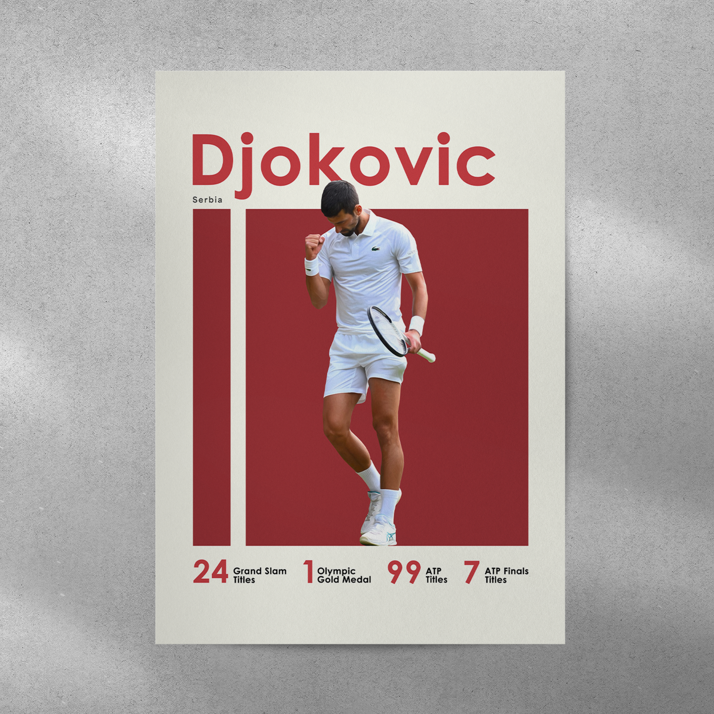 poster mockup of tennis player novak djokovic on a grey wall