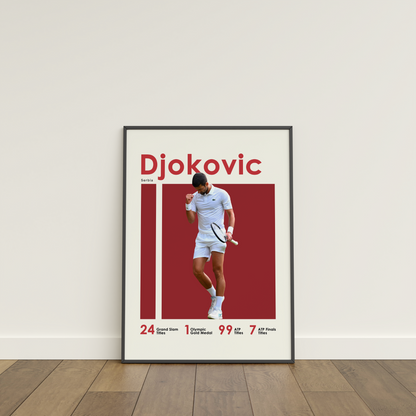 framed poster mockup of tennis player novak djokovic leaning on a white wall