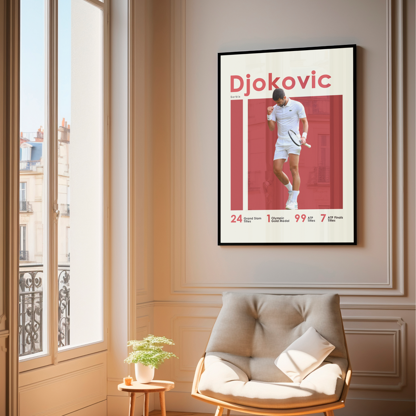 framed poster mockup of tennis player novak djokovic hanging in a living room