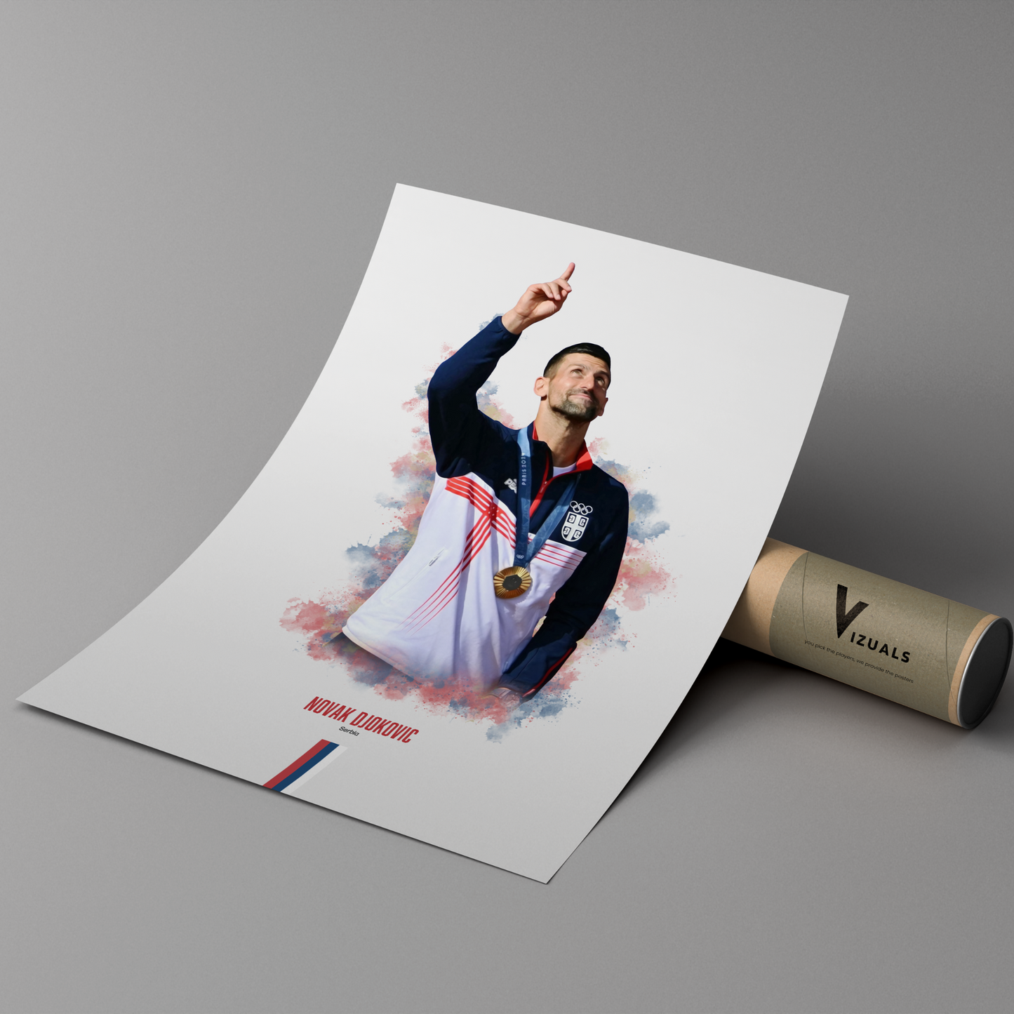 poster mockup of tennis player novak djokovic leaning on a cardboard tube