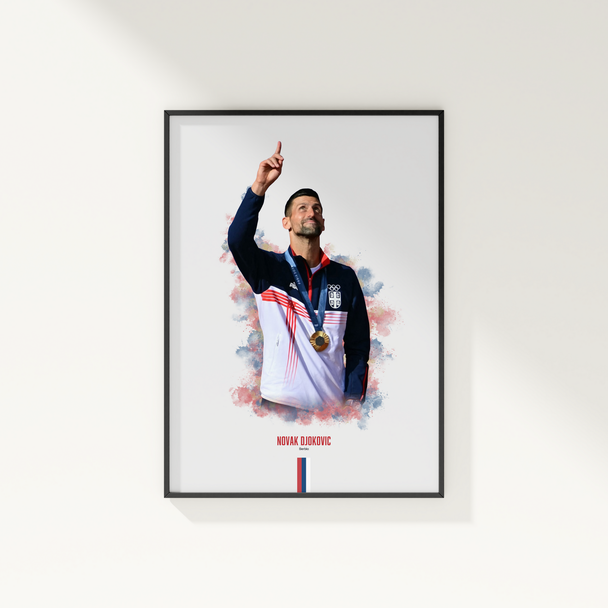 framed poster mockup of tennis player novak djokovic hanging on a white wall