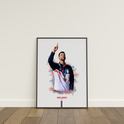 framed poster mockup of tennis player novak djokovic leaning on a white wall