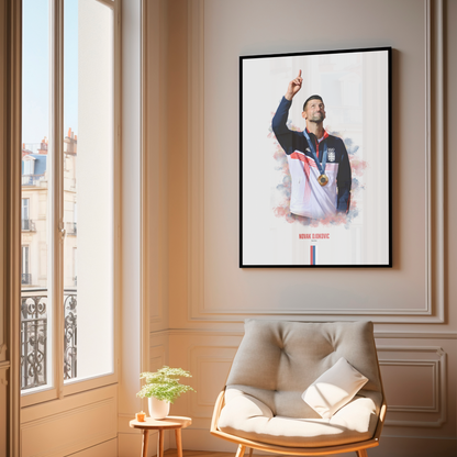 framed poster mockup of tennis player novak djokovic hanging in a living room