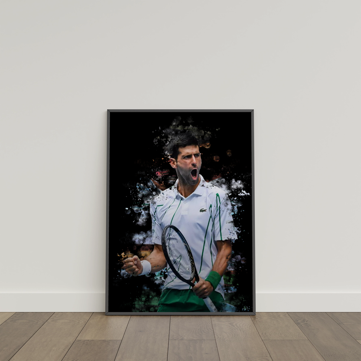 framed poster mockup of tennis player novak djokovic leaning on a white wall