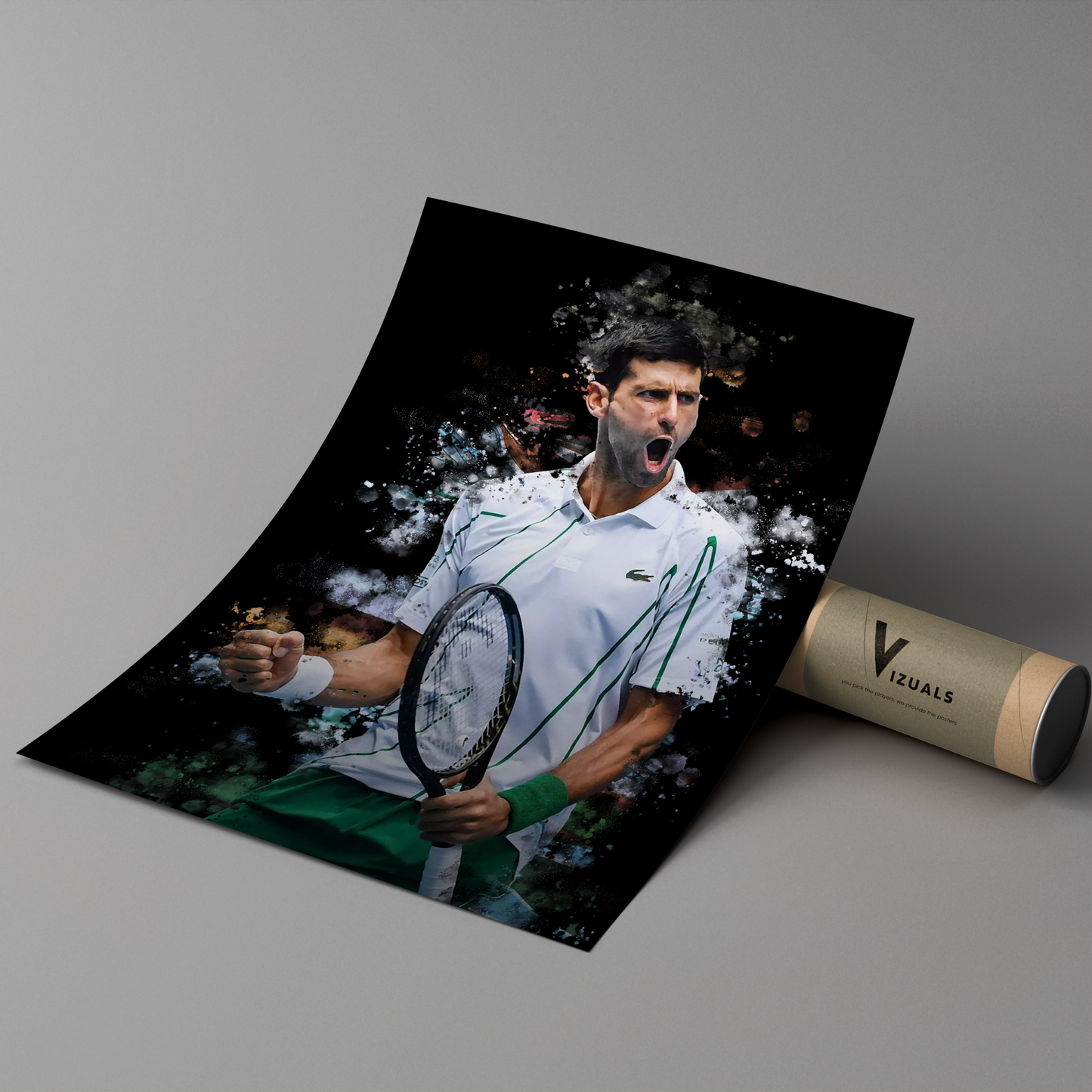 poster mockup of tennis player novak djokovic leaning on a cardboard tube