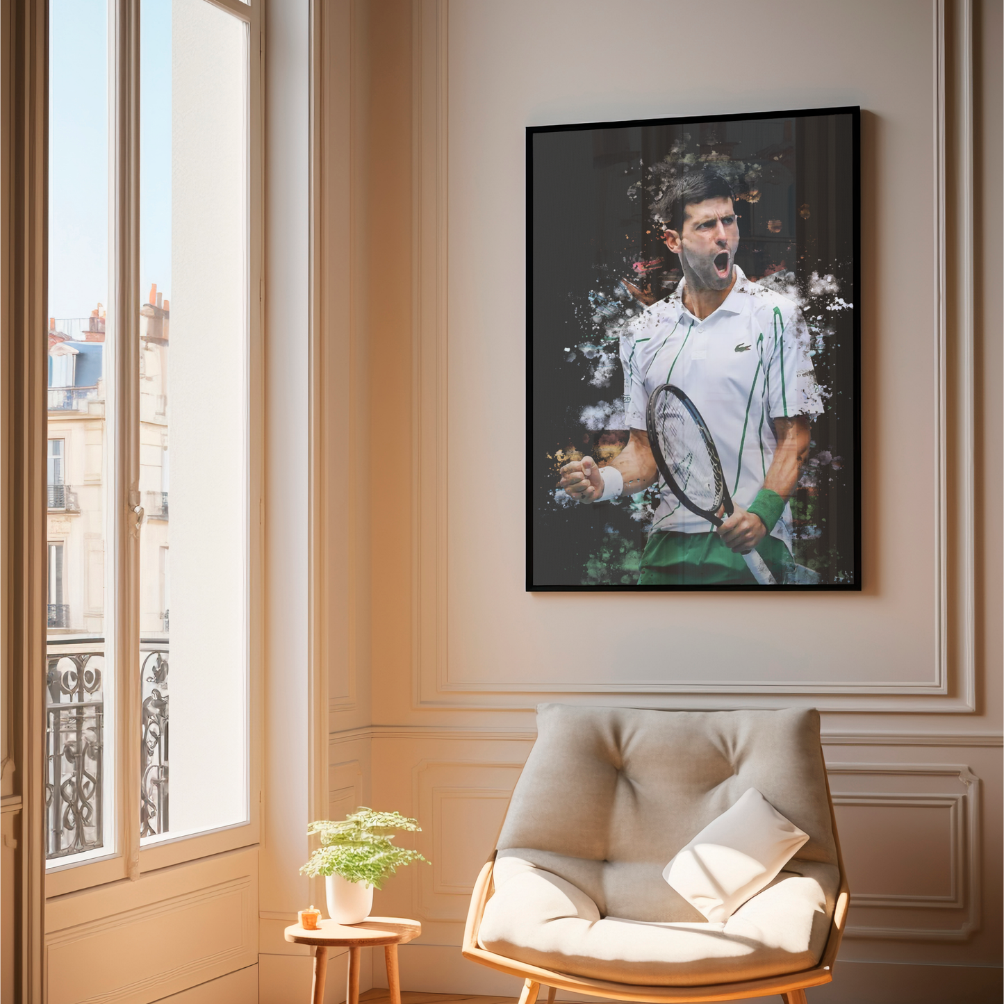 framed poster mockup of tennis player novak djokovic hanging in a living room