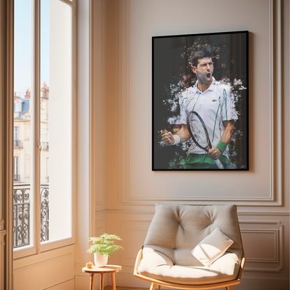 framed poster mockup of tennis player novak djokovic hanging in a living room