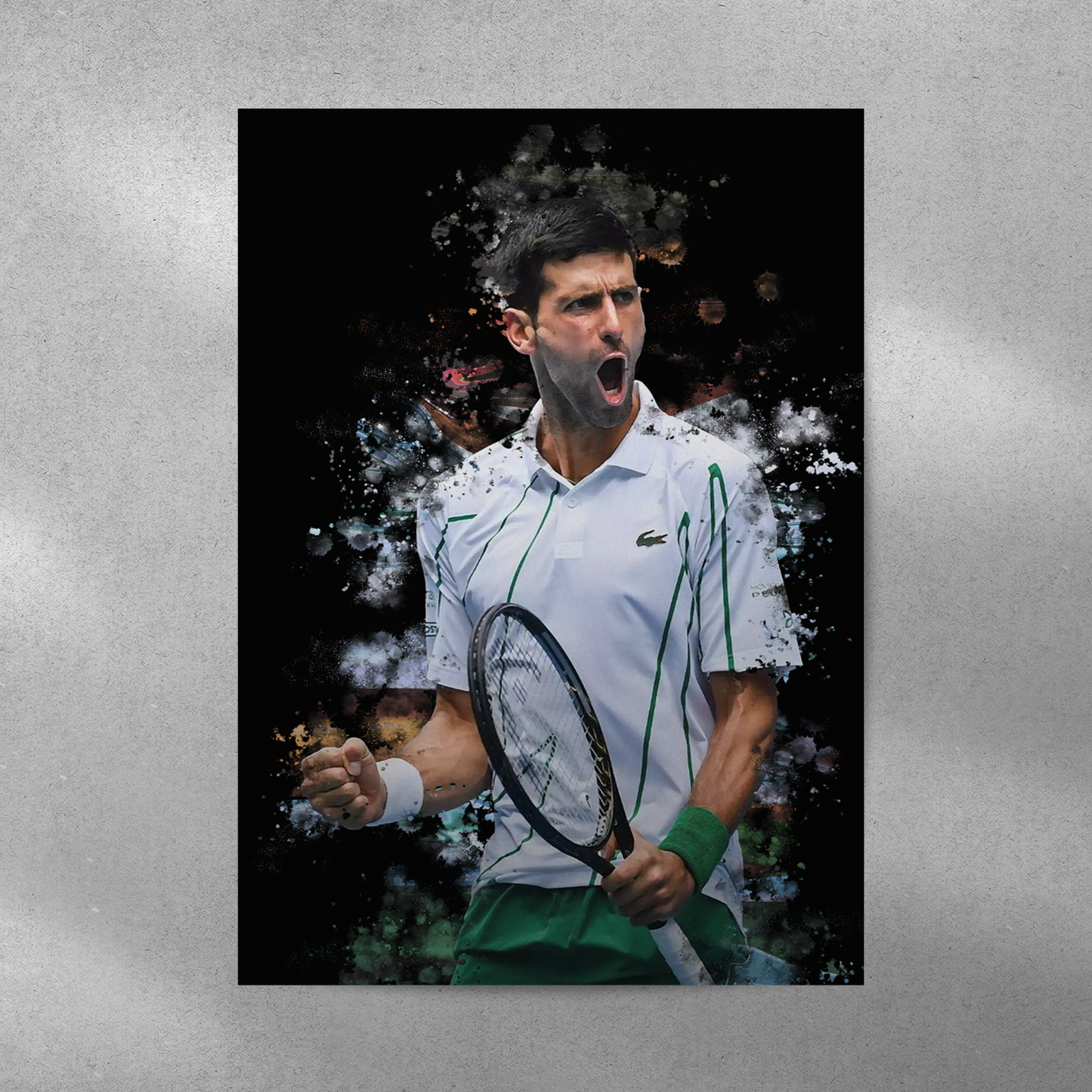 poster mockup of tennis player novak djokovic on a grey wall