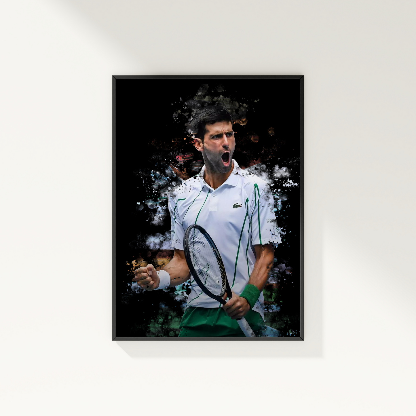 framed poster mockup of tennis player novak djokovic hanging on a white wall