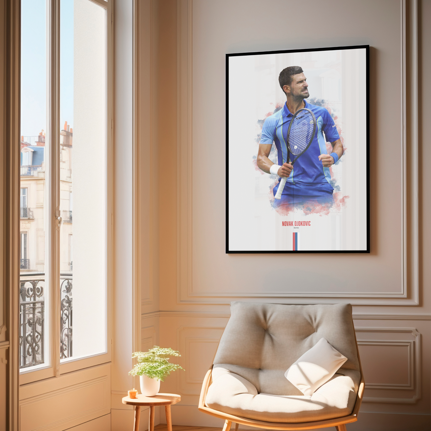 framed poster mockup of tennis player novak djokovic hanging in a living room