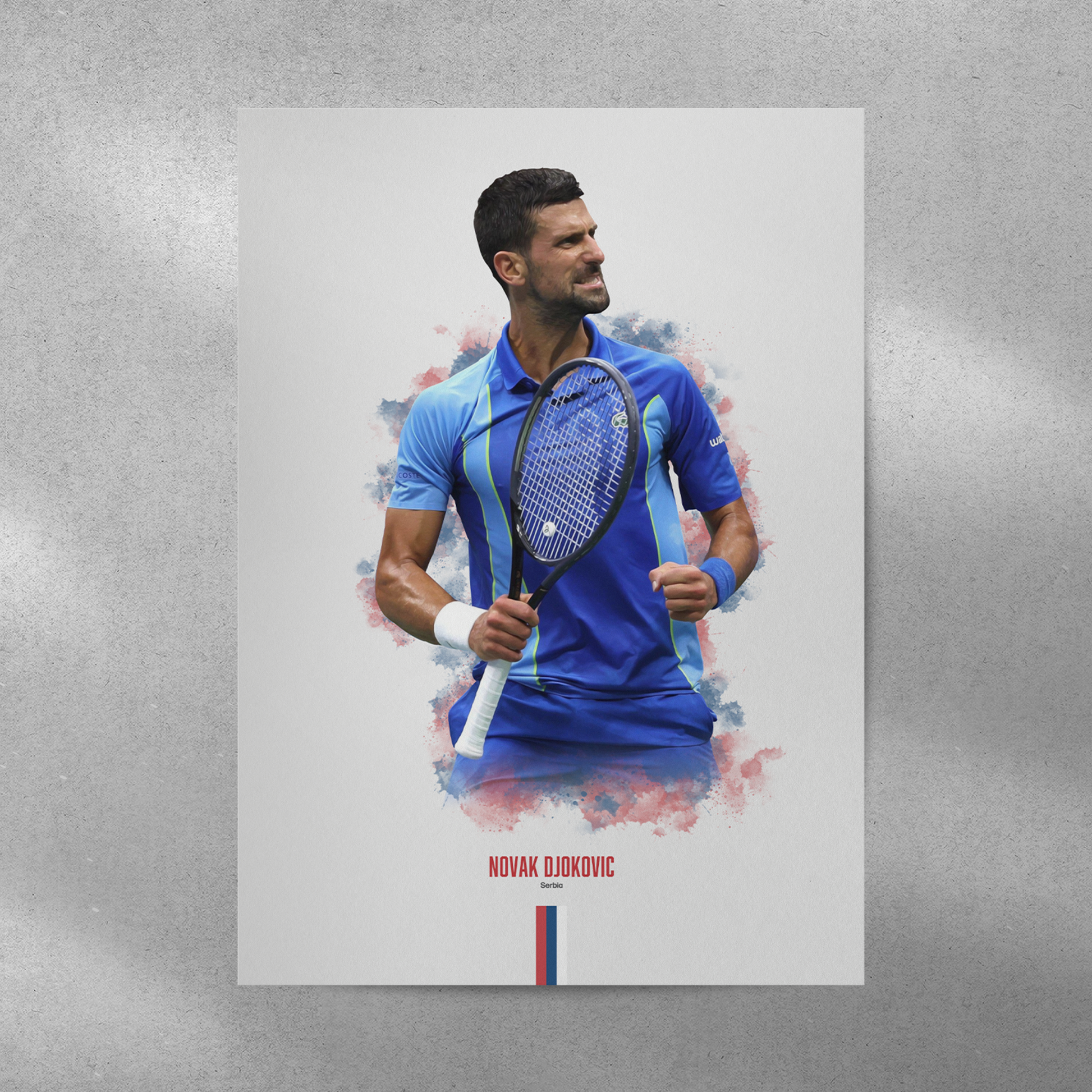 poster mockup of tennis player novak djokovic on a grey wall