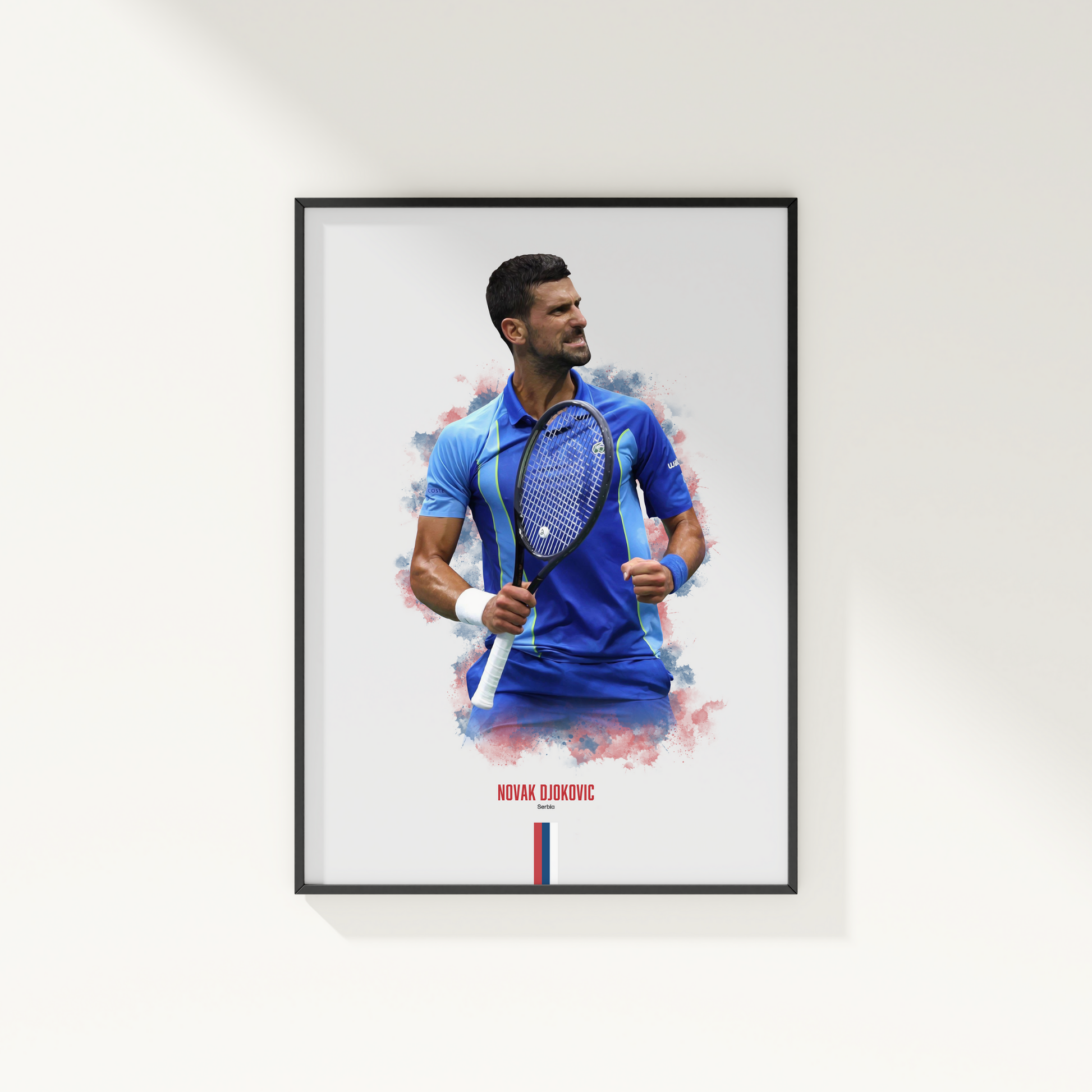 framed poster mockup of tennis player novak djokovic hanging on a white wall