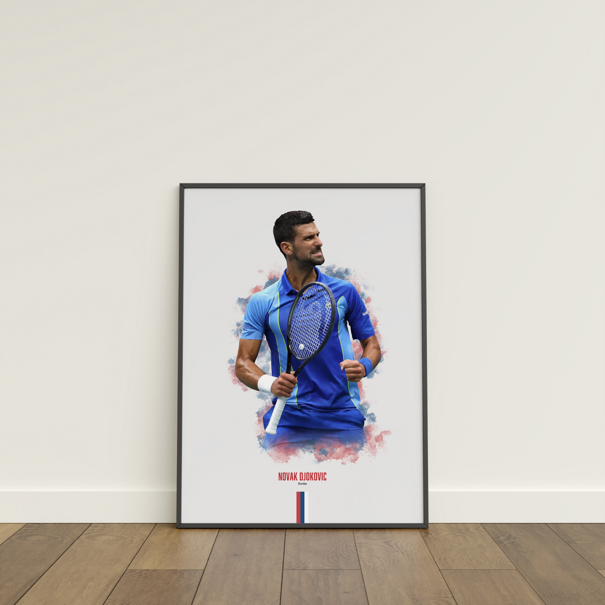 framed poster mockup of tennis player novak djokovic leaning on a white wall