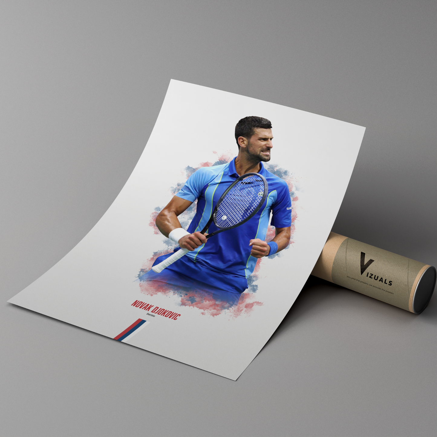 poster mockup of tennis player novak djokovic leaning on a cardboard tube