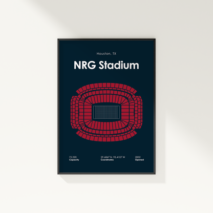 Framed poster of NRG Stadium layout with red seating pattern on a dark blue background.