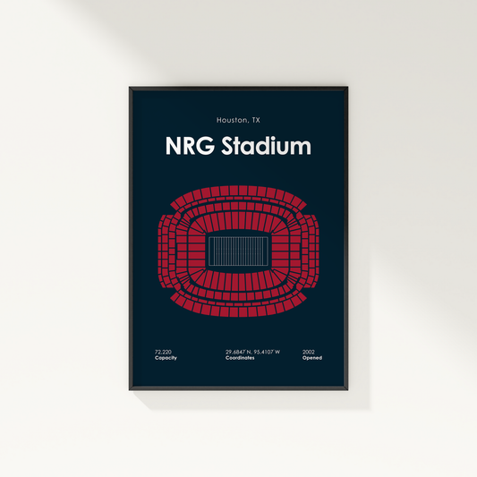 Framed poster of NRG Stadium layout with red seating pattern on a dark blue background.