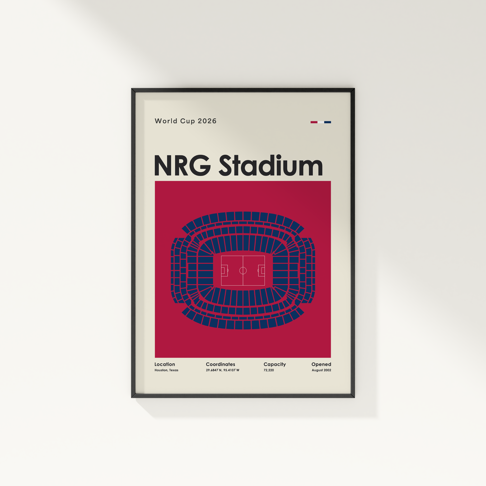 Framed poster of NRG Stadium for World Cup 2026 on a white wall.