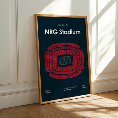 Framed poster of NRG Stadium in Houston, TX on a wall.