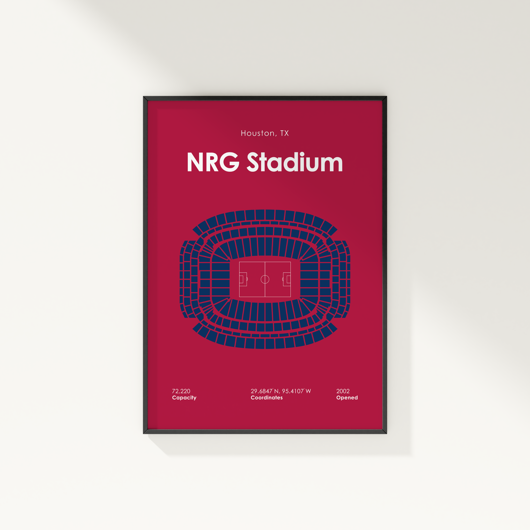 Framed poster of NRG Stadium layout on a red background