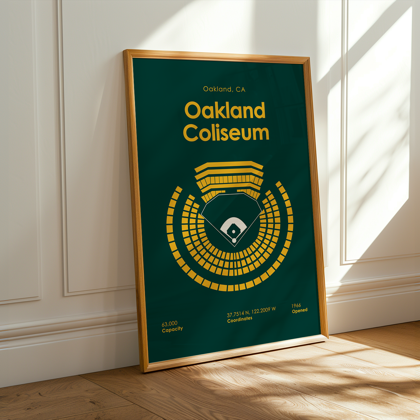 Framed poster of Oakland Coliseum with green background and gold text and design.