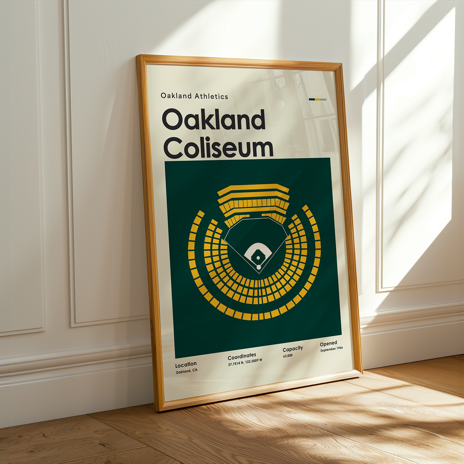 Framed poster of Oakland Coliseum with 'Oakland Athletics' text on a wall.
