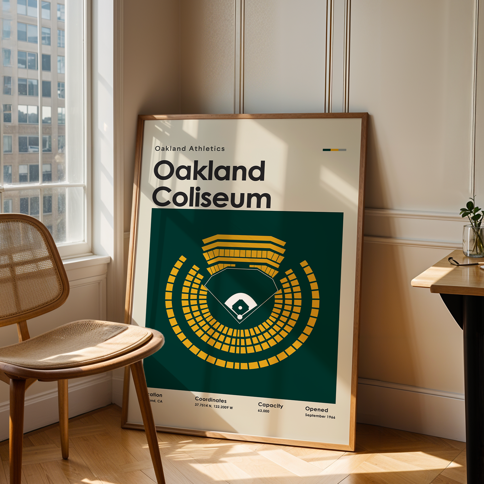 Poster of Oakland Coliseum in a room with a chair and table.